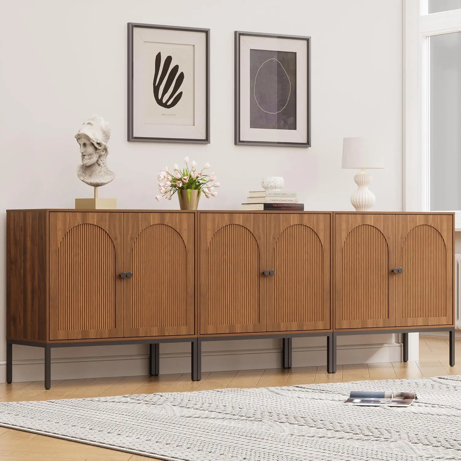 Set Of 3 Walnut Sideboard Cabi - Credenza Office Storage のレビューと価格